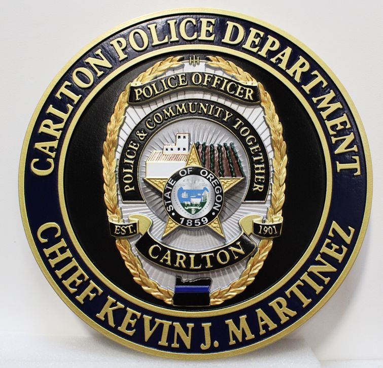 PP-1558 - Carved Plaque of the Police Badge of the City of Carlton, Oregon, 3-D Artist-Painted with Gold Leaf 