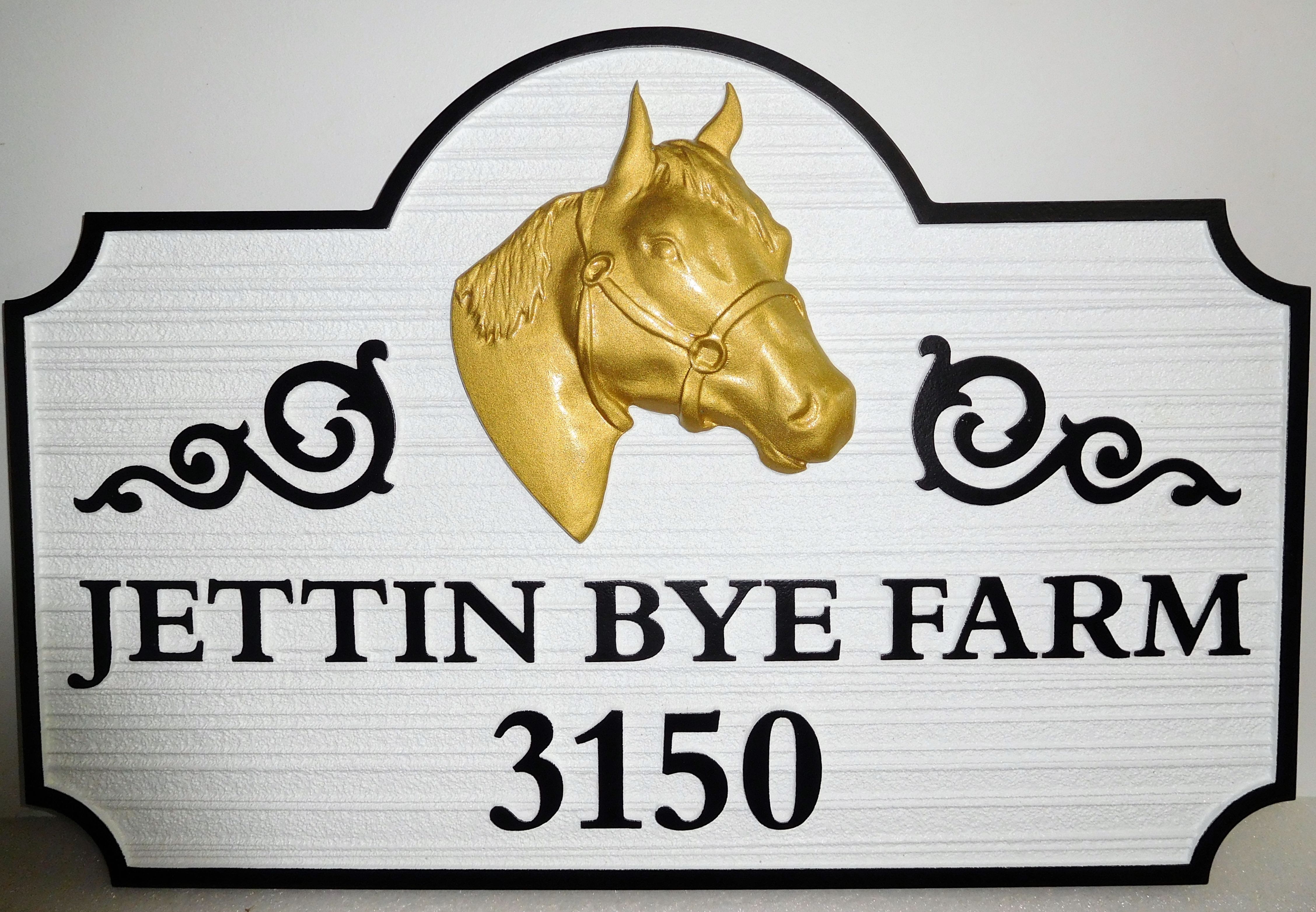P25338 - Carved High Density Urethane Farm With Street Address Showing Horsehead in Gold Metallic Paint