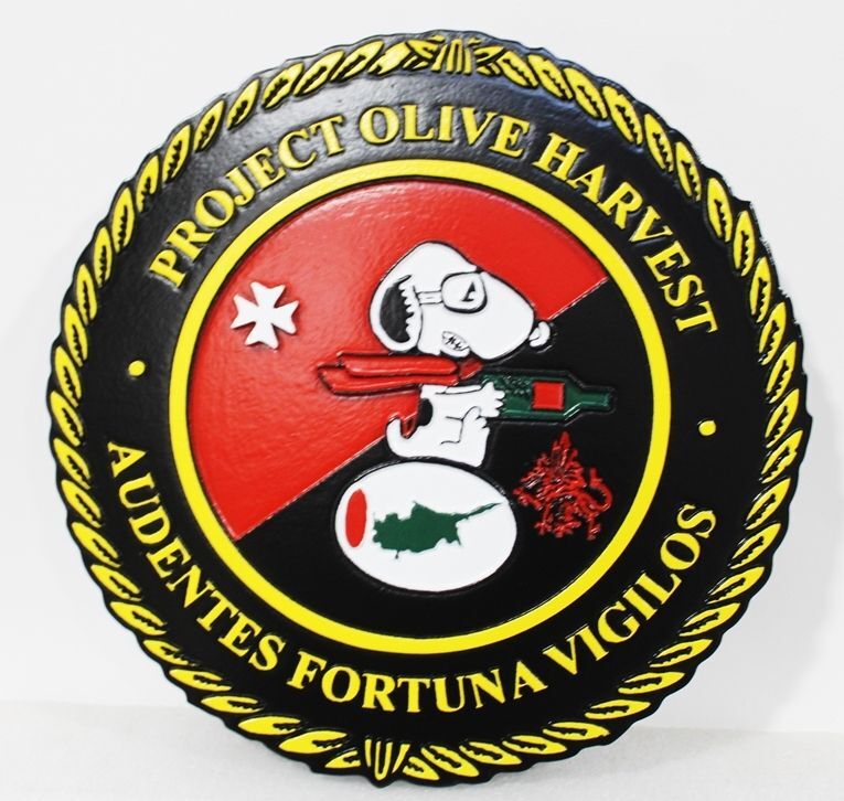 OP-1073 - Carved 2.5-D Raised Relief HDU Plaque of the Crest for Project Olive Harvest in Cyprus, with Logo "Audentes Fortuna Vigilos" (Fortune Favors the Bold)