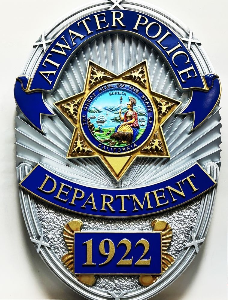 PP-1285 - Carved 3-D Bas-Relief Plaque of the Shield Badge of  the Atwater Police Department on California