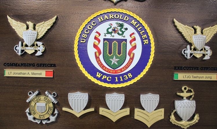 SA14550 - Carved Mahogany Ship's Chain of  Command and On-Duty Status Board for USCGC Harold Miller, WPC 1138 (Close-up of Top of Board)