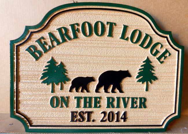 M22870 - Carved Wood Look HDU Sign for "Bearfoot Lodge" on the River with Carved Bear and Pine Trees 