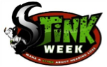 Stink Week Logo. A skunk's tail is the S and the rest of the words are written in green.