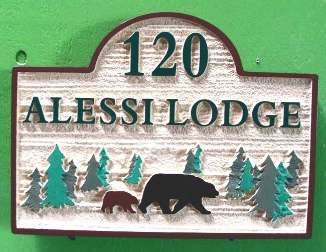 T29095 - Carved  and Sandblasted Wood Grain HDU Sign for the "Alessi Lodge", with Bear and Trees as Artwork 