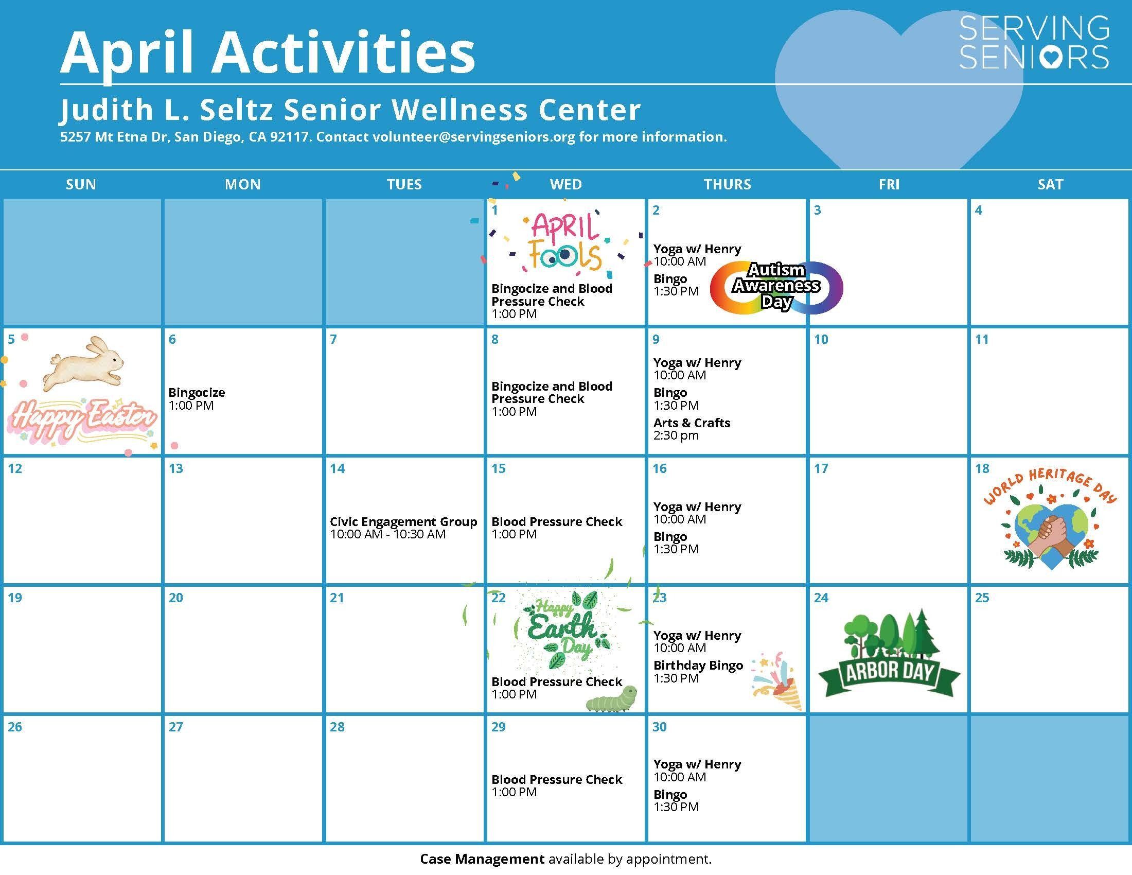 Click to download the Judith L. Seltz Wellness Center April 2026 Activities Calendar