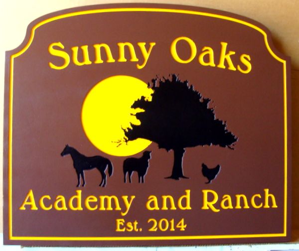 024811 – Carved  Engraved HDU  Address Sign for “Sunny Oaks Academy and Ranch”, with Sun, Tree and Farm Animals