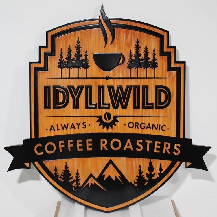 Q25412 - Engraved HDU Sign for the Idyllwild Coffee Roasters, with the Background Painted  in a Faux Wood Grain Pattern and a Stylized Mountain Scene and a Cup of Coffee as Artwork