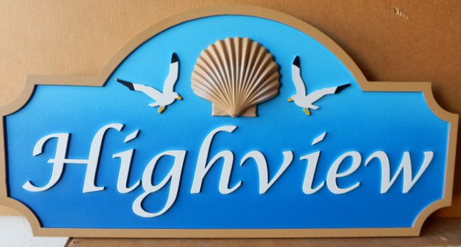 L21525 - Carved  HDU  "Highview" Name Sign with 3-D Carved Seashell and Carved Seagulls