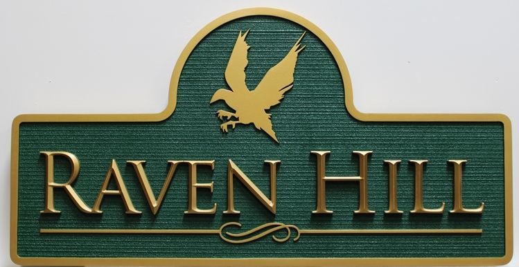 I18523 -  Carved  and Sandblasted Wood Grain High-Density-Urethane (HDU)  Property Name  Sign "Raven Hill", with Carved 3-D Prismatic Text