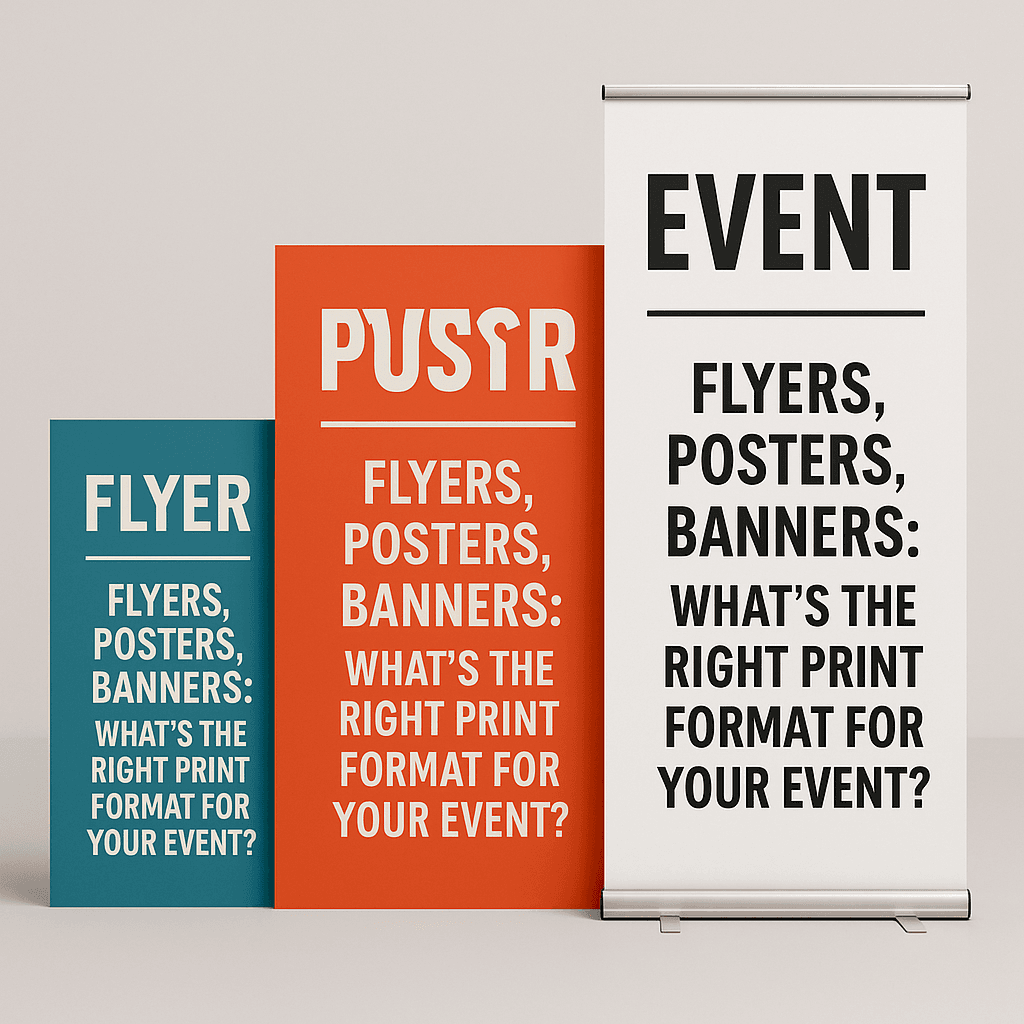 Flyers, posters, and banners displayed side by side for event marketing