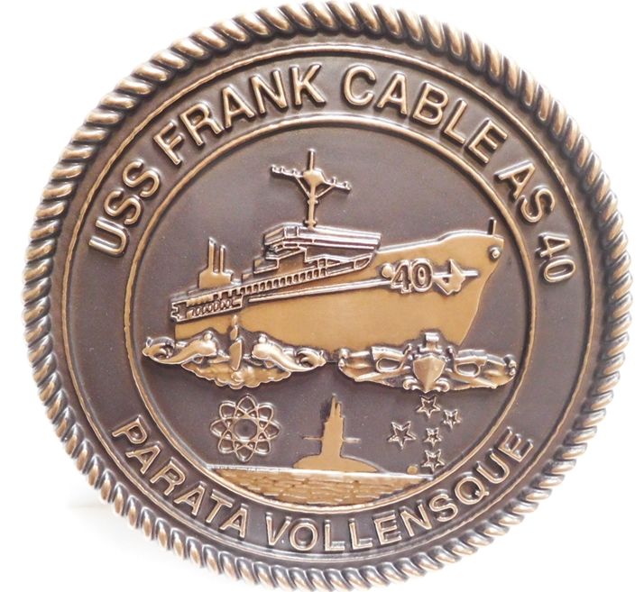 JP-1250 - Carved Plaque of the Seal of the USS Frank Cable, AS-40, 3-D Bronze-plated
