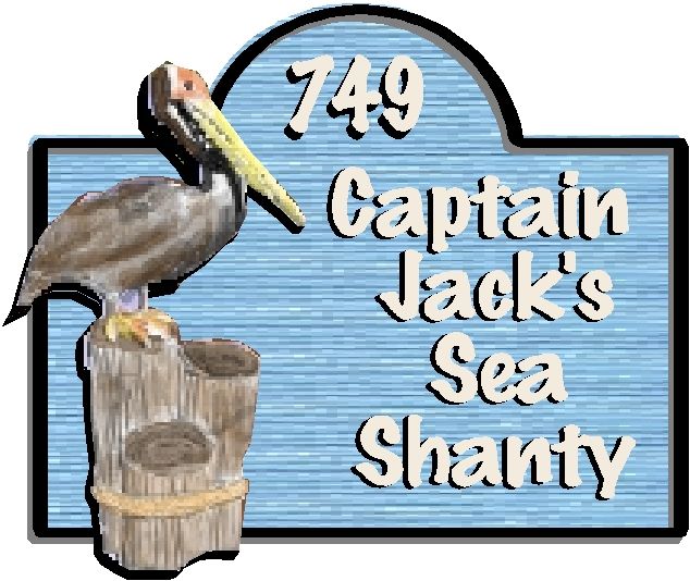 L21605 - Carved and Sandblasted  HDU Sign for "Sea Shanty" with 3-D Carved Pelican