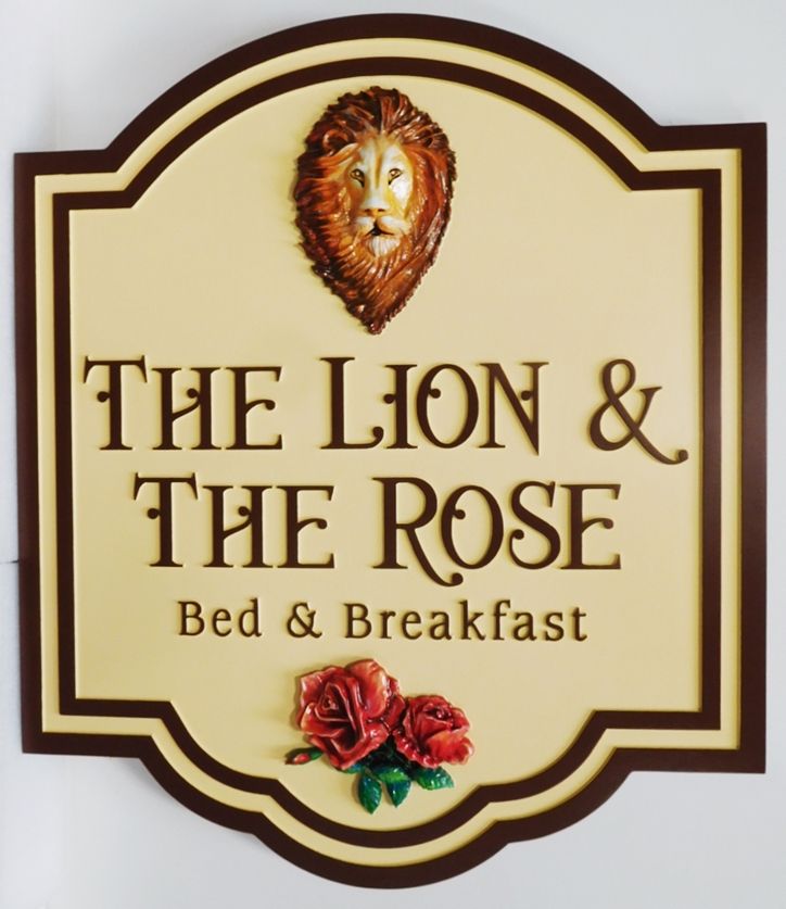 T29026 - Carved HDU  Sign for the "The Lion and the Rose"  B& B ,  3-D bas-Relief and Artist Painted Lion's Head and Roses as Artwork