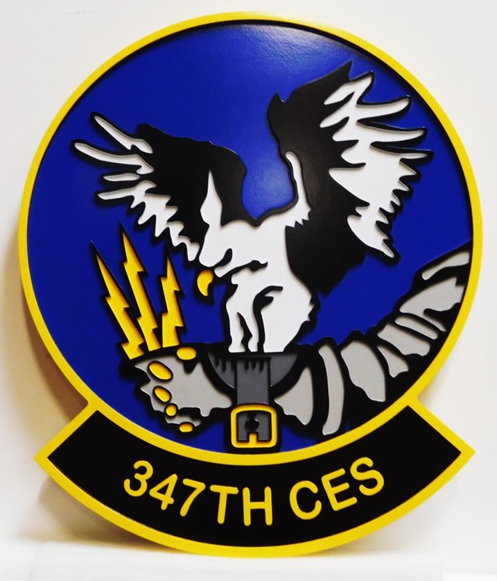 LP-7215 - Carved Plaque of the  Crest of the347th CES, 2.5-D Artist Painted with Eagle, Arm and Lightening Bolt
