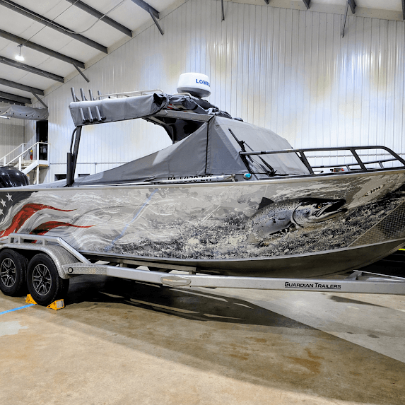 Custom boat wrap done at Express Printing & Graphics