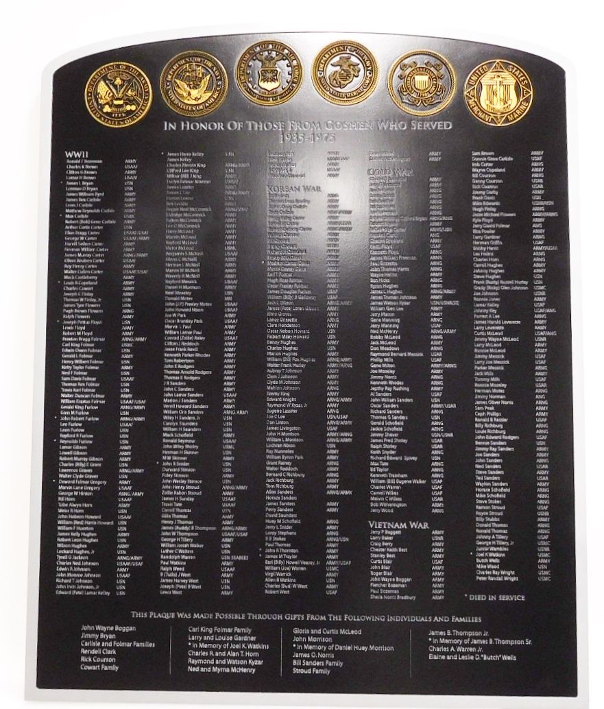 IP-1322 - Name Plaque Honoring Servicemen from Goshen, Indiana Who  Served in the Armed Forces , with 6 Carved Service Seals