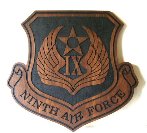 V31542 - Stained Carved Cedar Wood Ninth Air Force Crest Wall Plaque 