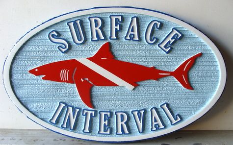 L21384 -  Carved and Sandblasted HDU Sign "Surface Interval", with Shark