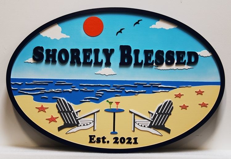 L21036 – Carved 2.5D HDU Beach House Sign, “Shorely Blessed”, with Two Chairs and Drinks on a Beach Facing the Ocean