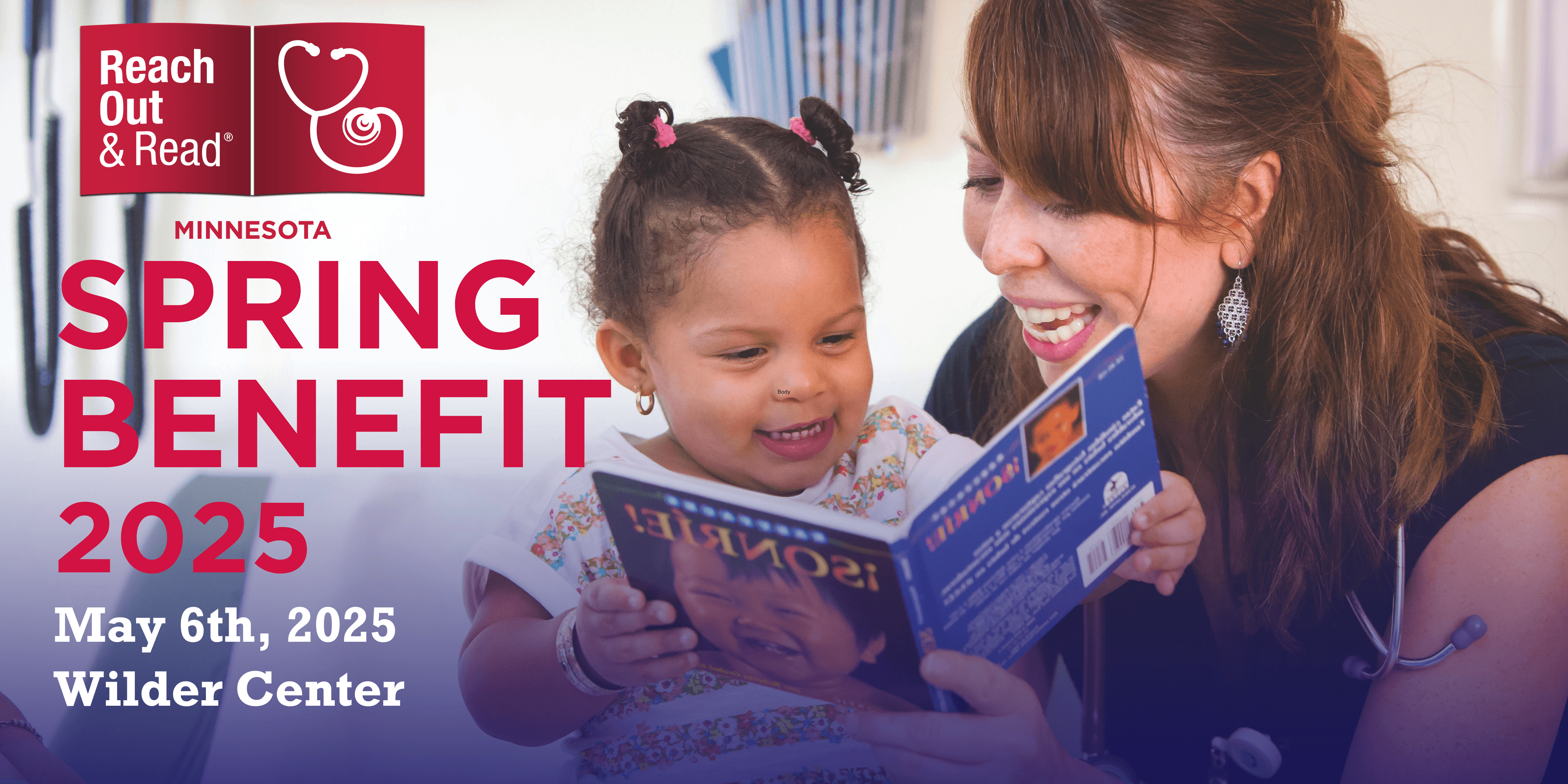 text: Spring Benefit 2025 image: clinician and toddler girl smile at book together with blue filter