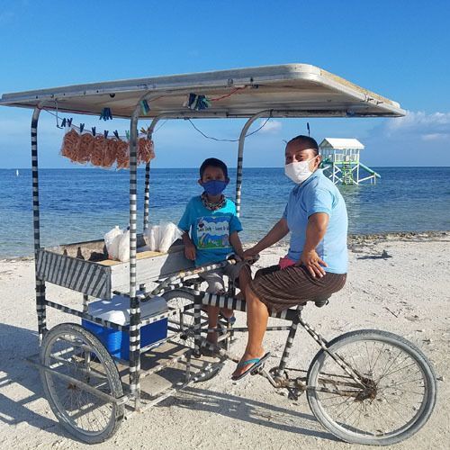 Man and child riding a bike.