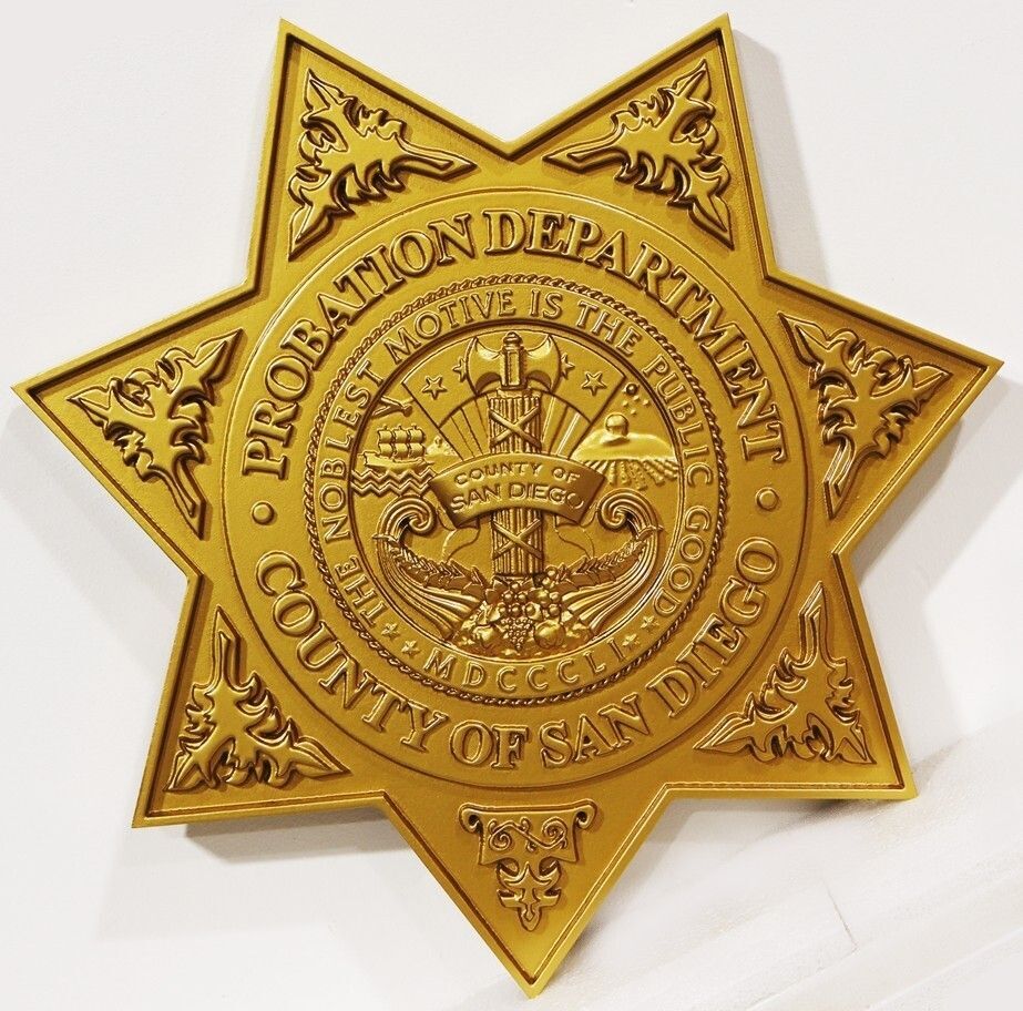 HQ-3067 -  Carved 3-D Bas-Relief Plaque of the Star Badge  for the Probation Department, County of San Diego, Painted in Bright Gold Sign Enamel