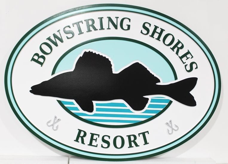 M22567 - Carved 2.5-"Bowstring Shores RD HDU Business Name Sign esort", with a  Profile of a Fish as Artwork