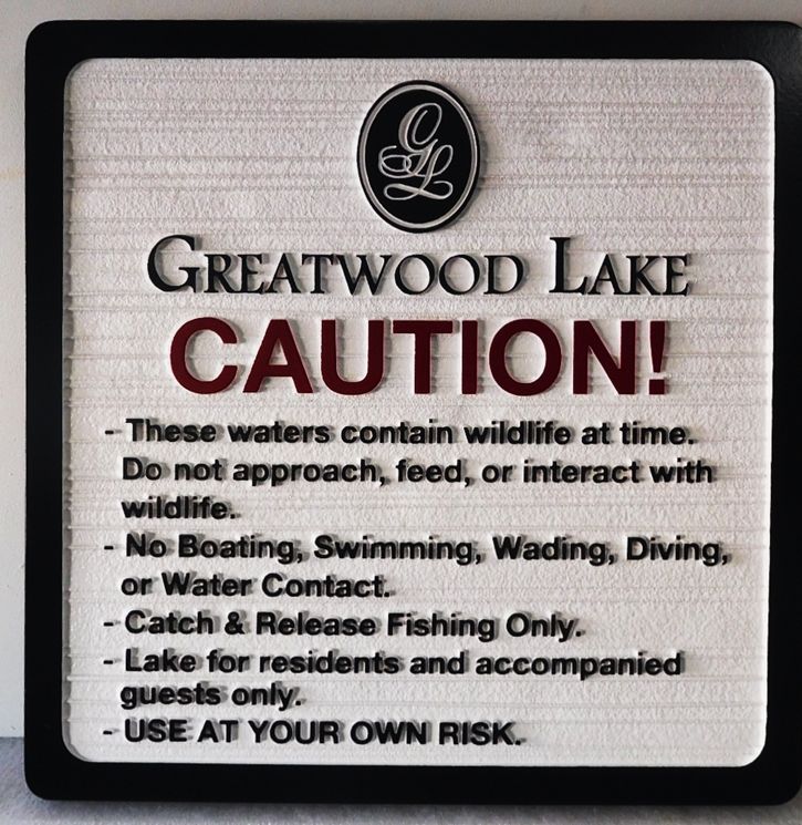 GA16572A -  Carved High-Density-Urethane (HDU) Park Rules  Sign on Greatwood Lake, with Engraved Logo as Artwork.