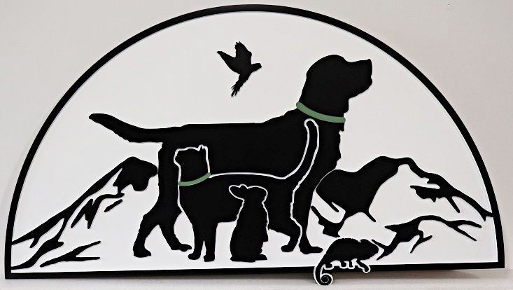 M22941 - Carved and Sandblasted HDU Sign with Dog and Other Animals Against a Mountain Backdrop