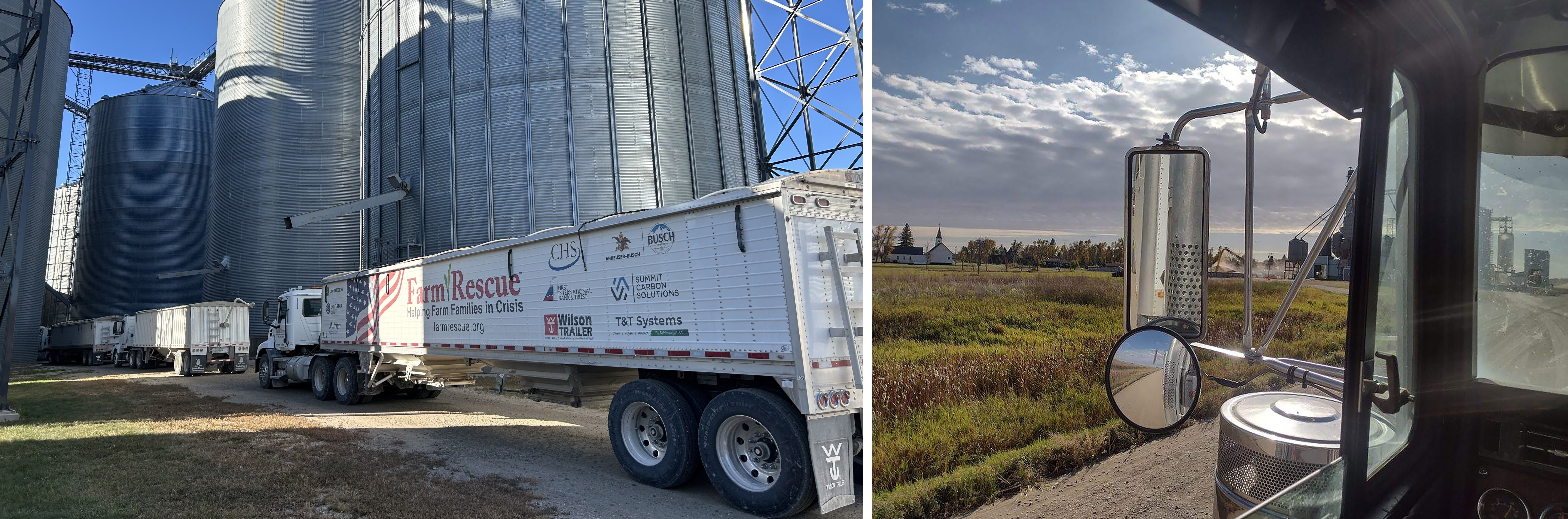 A Farm Rescue semi waits in line to dump a farmer's grain. Farm scene through the semi's window.