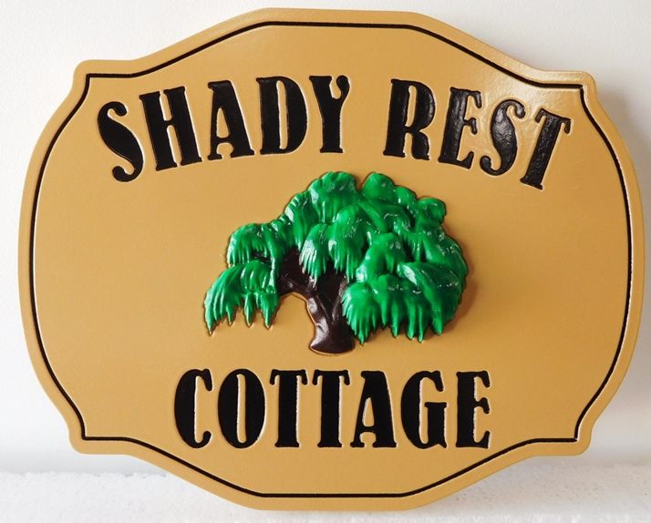 I18315 - Property Name Sign  "Shady Rest Cottage"  with 3D Carved Willow Tree
