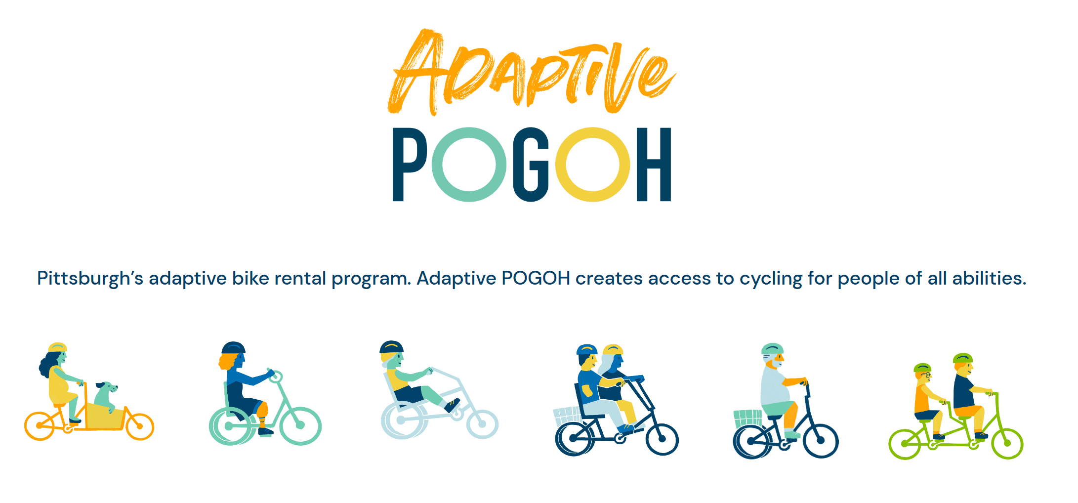 Adaptive Pogoh logo with cartoon images of people riding different adaptive bicycles