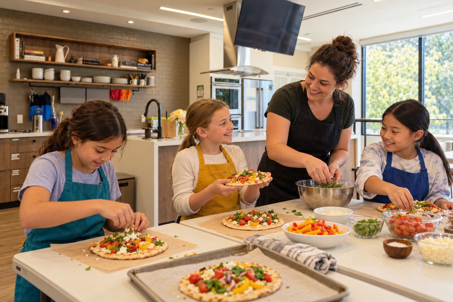 Illustration of children preparing flatbreads together in the Sandbox Kitchen.