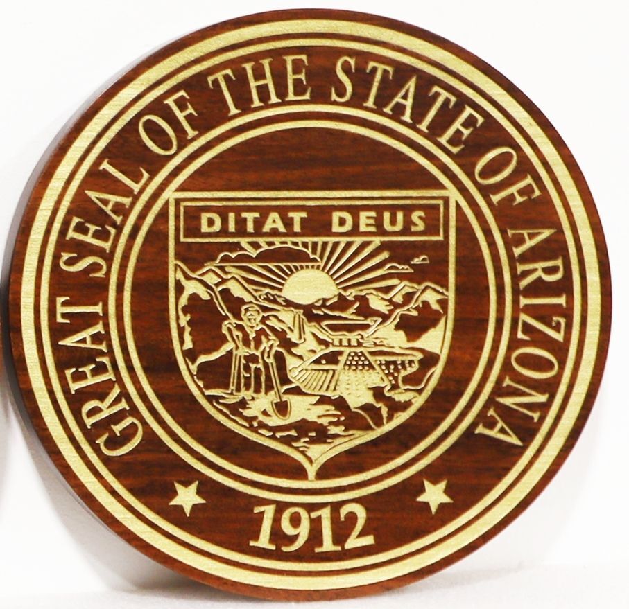 BP-1013A - Engraved  Mahogany Wood Plaque of the Great Seal of the State of Arizona, with Light Brass Painted Engraved Areas