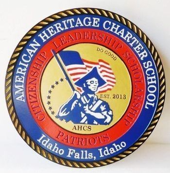 American Heritage Charter School – A bold, circular emblem featuring a Revolutionary War patriot with an American flag, highlighting the school’s values of citizenship, leadership, and scholarship.