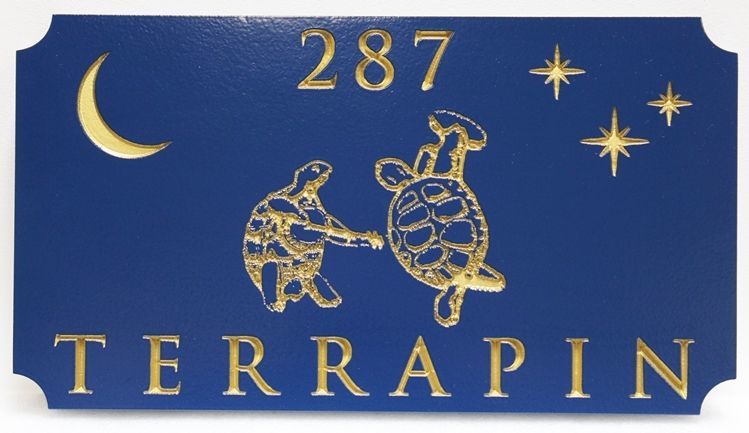 I18570 - Engraved  High-Density-Urethane (HDU)  Property Name  Sign "Terrapin", with Two Turtles at Night as Artwork