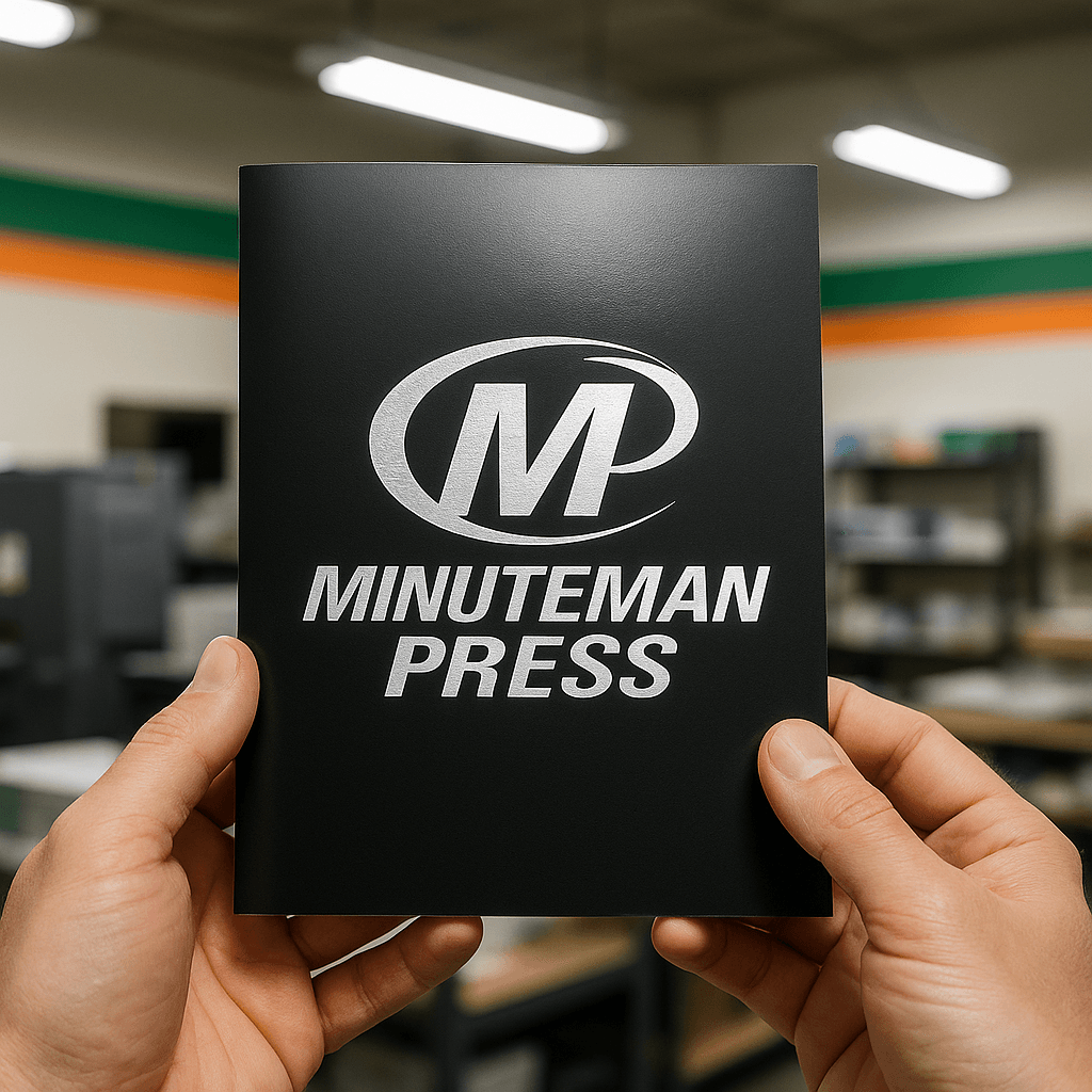 Hands holding a black brochure printed with white ink logo for Minuteman Press inside a Boca Raton print shop.