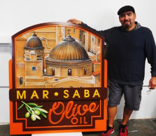 Q25207 - Carved Multi-level Sign for "Mar-Saba Olive Oil"   with  Artist-painted Scene of an Italian Village in Tuscany 
