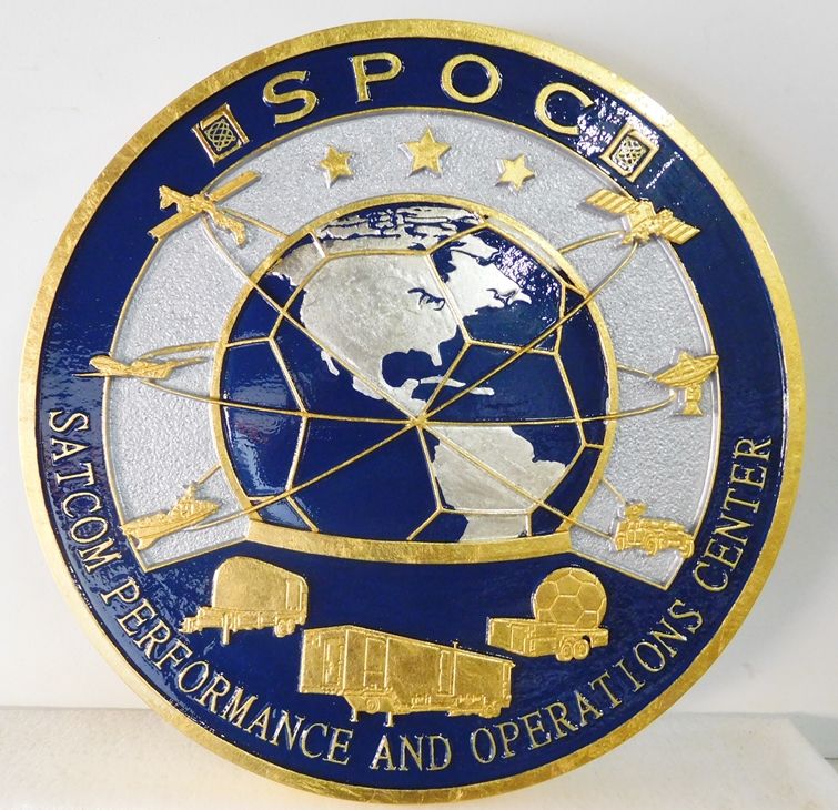 AP-3160 - Carved Plaque of the Seal of the SATCOM Performance and Operations Center (SATCOM), Gold and Silver Gilded  