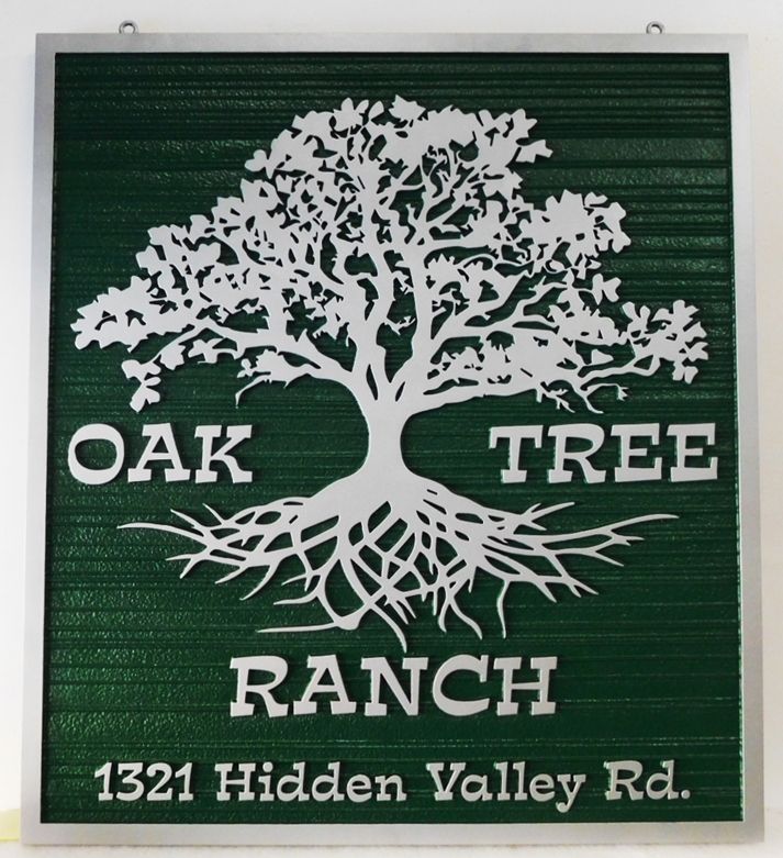 O24859 - Carved Address Sign for the "Oak Tree Ranch"  with the Silhouette of an Oak Tree and its Roots as Artwork