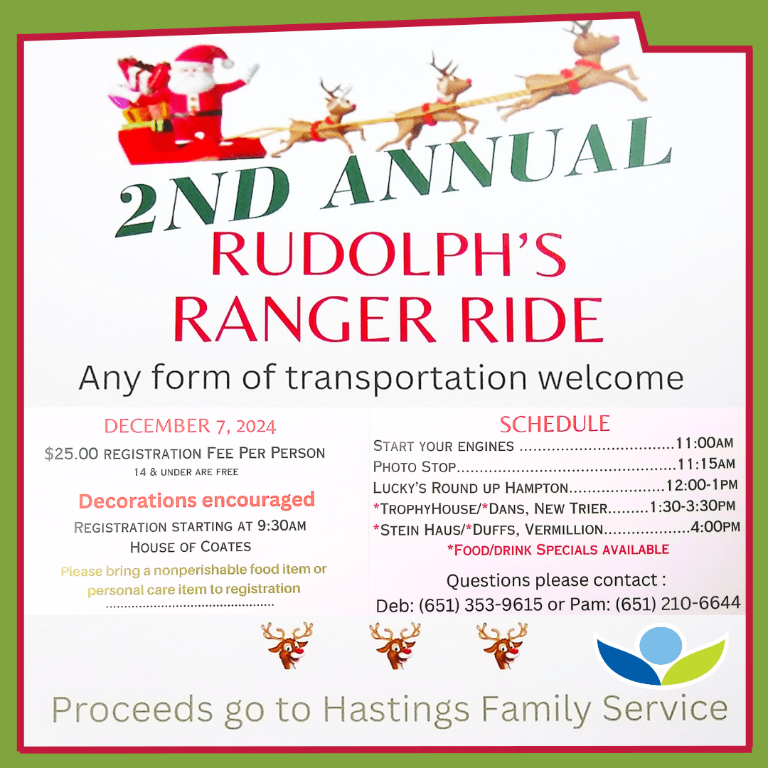 Flier for Rudolph's Ranger Ride; illustration of Santa in a sled with flying reindeer; December 7, 2024, please read text below for information.