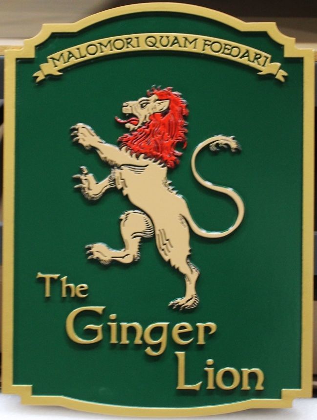 RB27639- Carved 2.5-D Multi-level Raised Relief  Sign  for the ""the Ginger Lion "   Pub with a Rampant Lion as Artwork