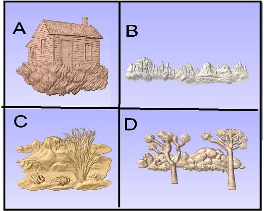 M22967A - Carved 3D Appliques of a Cabin, Mountain and Desert Scenes