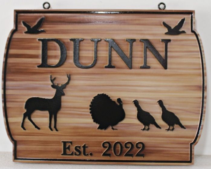 M22607 - Carved and Engraved Stained Wood Residence Sign "Dunn" with Artwork