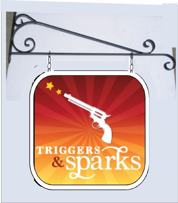 SA28397 -Double-faced Carved 2.5-D HDU  Sign for Gun Shop Hung from Decorative Wrought Iron Scroll Bracket