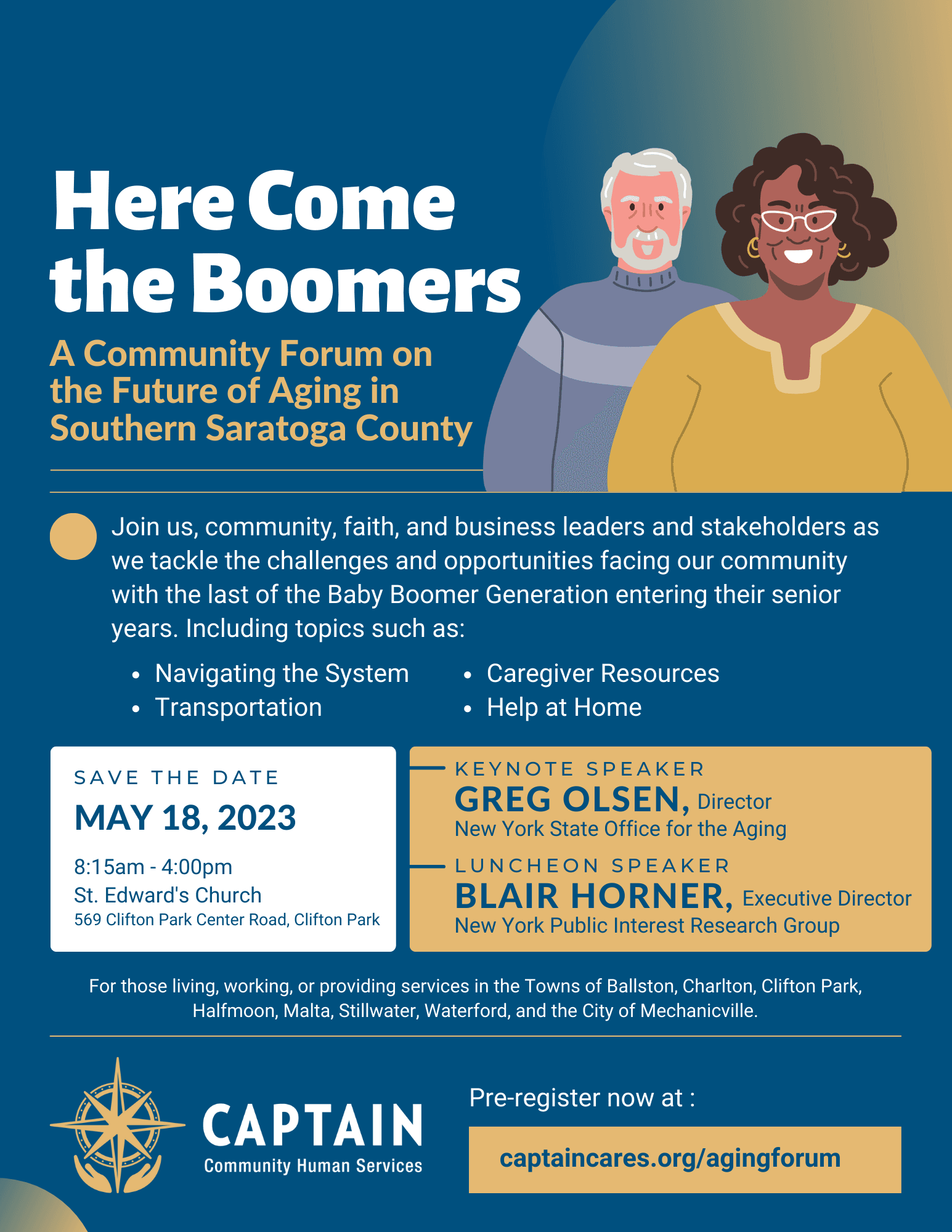 Save the Date: Here Come the Boomers - A Community Forum on the Future of Aging in Southern Saratoga County