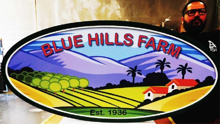 O28842 - Carved  HDU Entrance Sign for the "Blue Hills Farm' , 2.5-D Multi-Level Relief, Artist-Painted Mountain and Farmland Scene