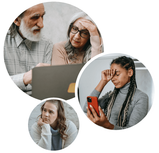 Photo collage of people trying to navigate different systems or thinking and looking confused and stressed.