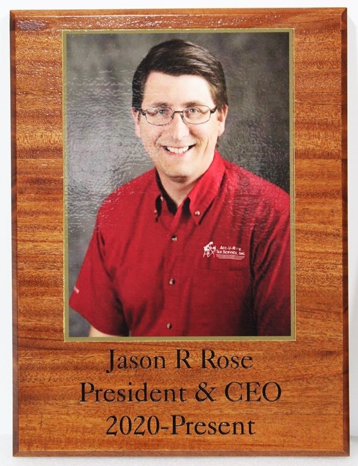 ZP-4021- Engraved Mahogany Photo Wall Plaque Featuring the President/CEO of a Company