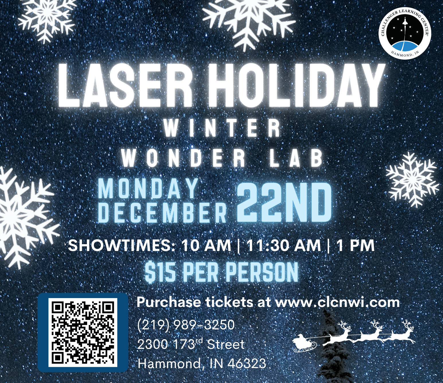 Flier depicting snowflakes and winter to advertise winter science activities and a Laser Holiday Light show for the whole family to enjoy right before Christmas and the holidays.